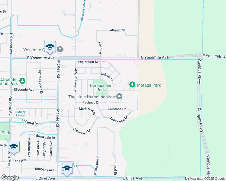 map of restaurants, bars, coffee shops, grocery stores, and more near 2490 Valdes Drive in Merced
