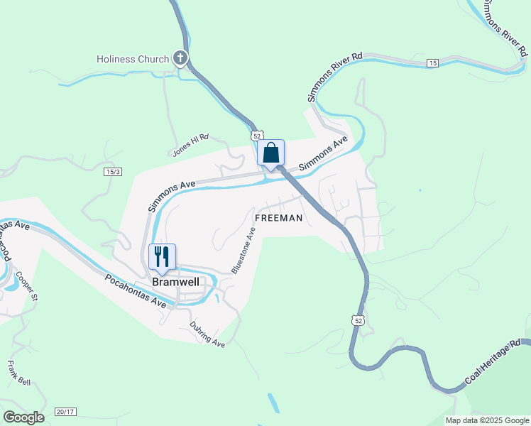 map of restaurants, bars, coffee shops, grocery stores, and more near 129 Bluestone Avenue in Bramwell