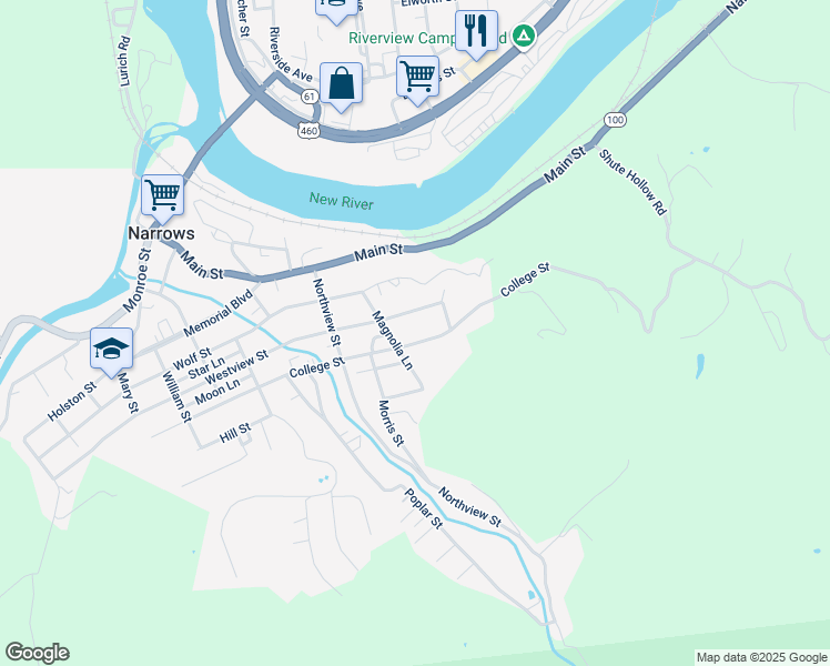 map of restaurants, bars, coffee shops, grocery stores, and more near 1109 College Street in Narrows