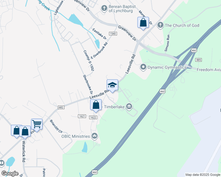 map of restaurants, bars, coffee shops, grocery stores, and more near 19965 Leesville Road in Lynchburg
