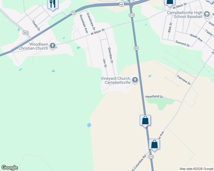 map of restaurants, bars, coffee shops, grocery stores, and more near 227-299 Jan Street in Campbellsville