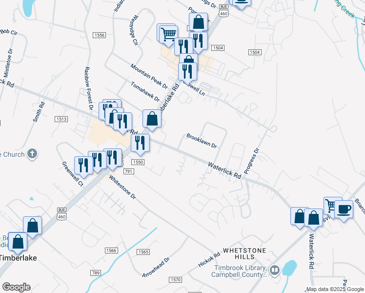 map of restaurants, bars, coffee shops, grocery stores, and more near 242 Brooklawn Drive in Lynchburg