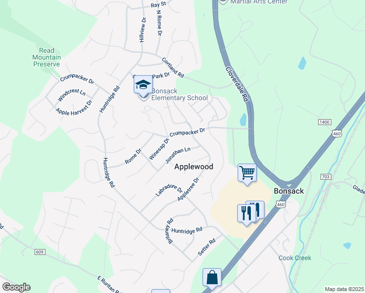 map of restaurants, bars, coffee shops, grocery stores, and more near 5140 Jonathan Lane in Roanoke