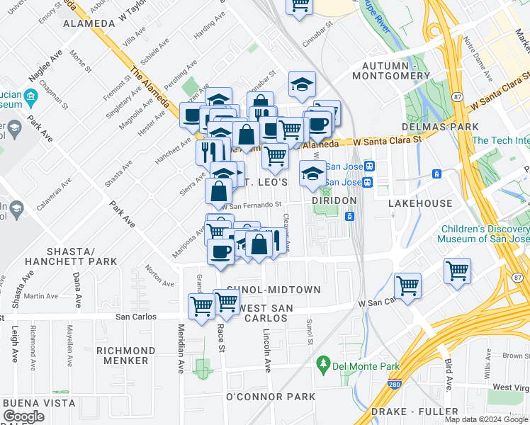 map of restaurants, bars, coffee shops, grocery stores, and more near 105 South Morrison Avenue in San Jose