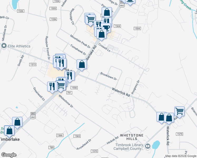 map of restaurants, bars, coffee shops, grocery stores, and more near 242 Brooklawn Drive in Lynchburg