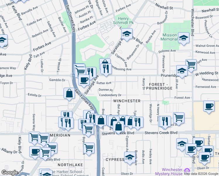 map of restaurants, bars, coffee shops, grocery stores, and more near 242 Harold Avenue in Santa Clara