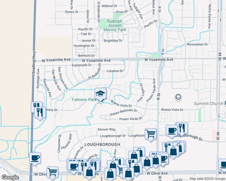 map of restaurants, bars, coffee shops, grocery stores, and more near 3502 San Francisco Street in Merced