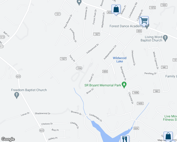 map of restaurants, bars, coffee shops, grocery stores, and more near 1104 Goose Meadow Drive in Forest