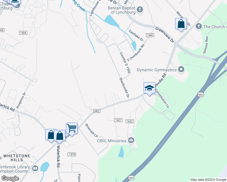 map of restaurants, bars, coffee shops, grocery stores, and more near 115 Cavalier Court in Lynchburg