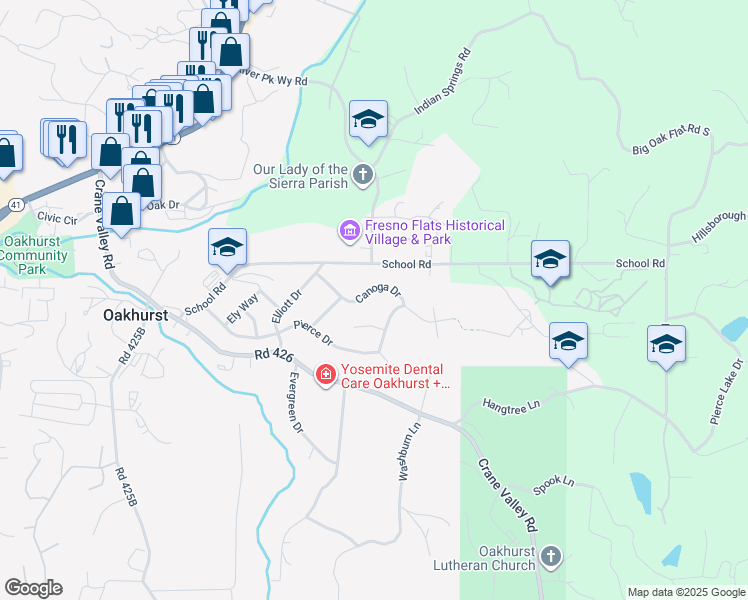 map of restaurants, bars, coffee shops, grocery stores, and more near 49857 Canoga Drive in Oakhurst