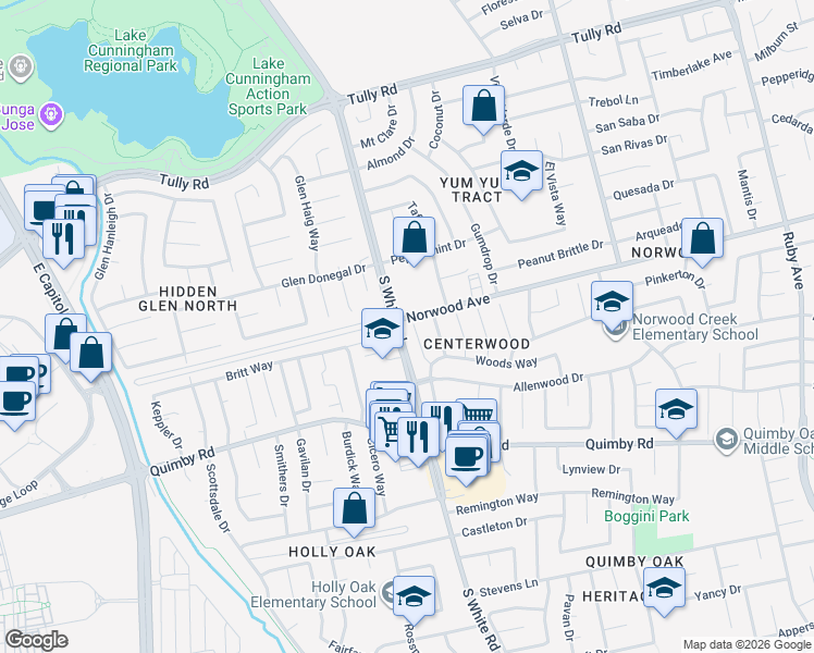 map of restaurants, bars, coffee shops, grocery stores, and more near 2670 South White Road in San Jose
