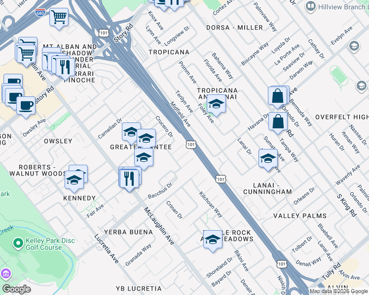 map of restaurants, bars, coffee shops, grocery stores, and more near 1447 Joe Dimaggio Court in San Jose