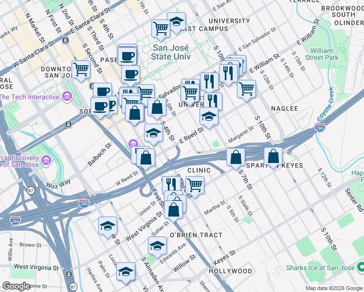 map of restaurants, bars, coffee shops, grocery stores, and more near 600 South 5th Street in San Jose