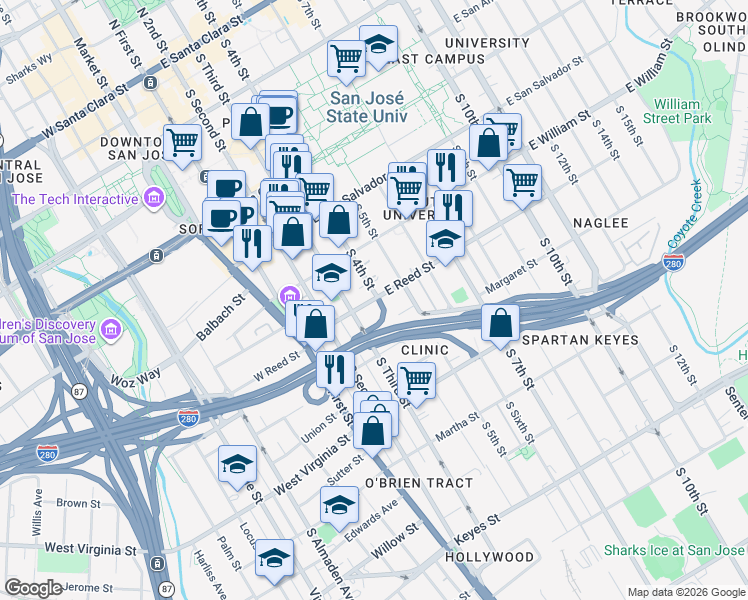 map of restaurants, bars, coffee shops, grocery stores, and more near in San Jose