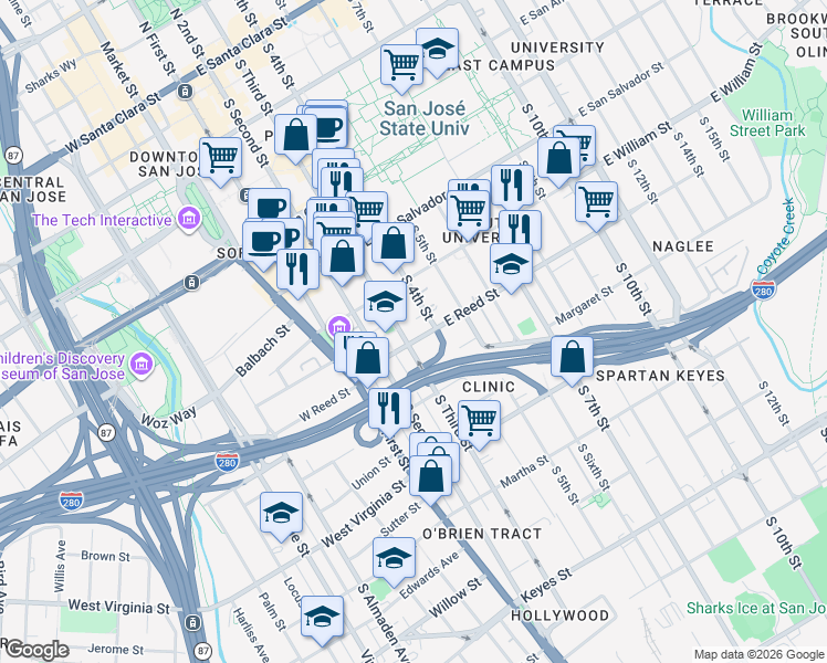 map of restaurants, bars, coffee shops, grocery stores, and more near in San Jose
