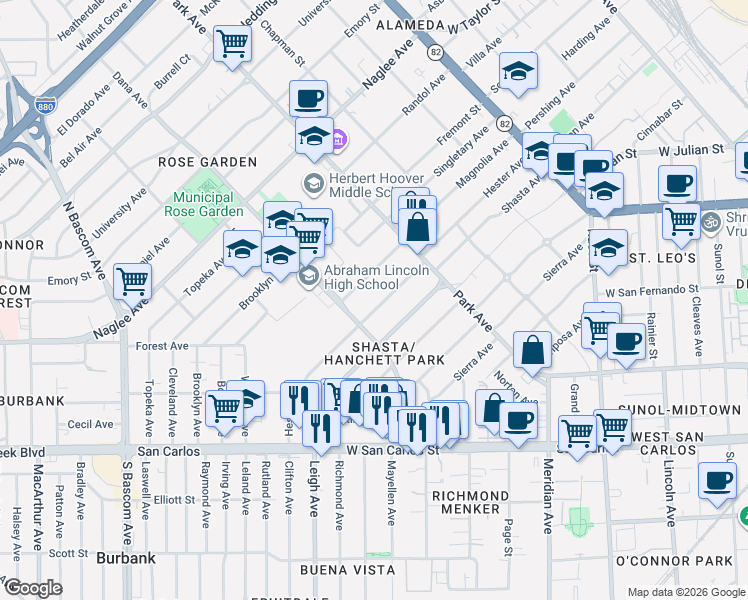 map of restaurants, bars, coffee shops, grocery stores, and more near 1520 Calaveras Avenue in San Jose