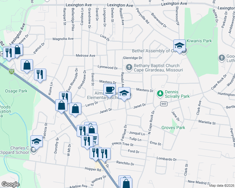 map of restaurants, bars, coffee shops, grocery stores, and more near 2532 Marvin Street in Cape Girardeau