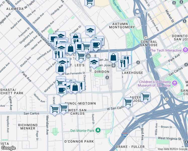 map of restaurants, bars, coffee shops, grocery stores, and more near 98 Sunol Street in San Jose