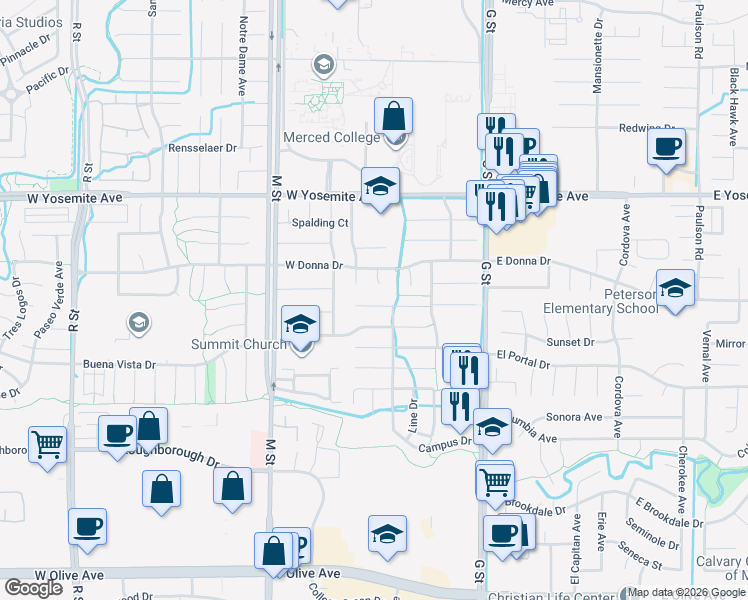 map of restaurants, bars, coffee shops, grocery stores, and more near 433 Occidental Court in Merced