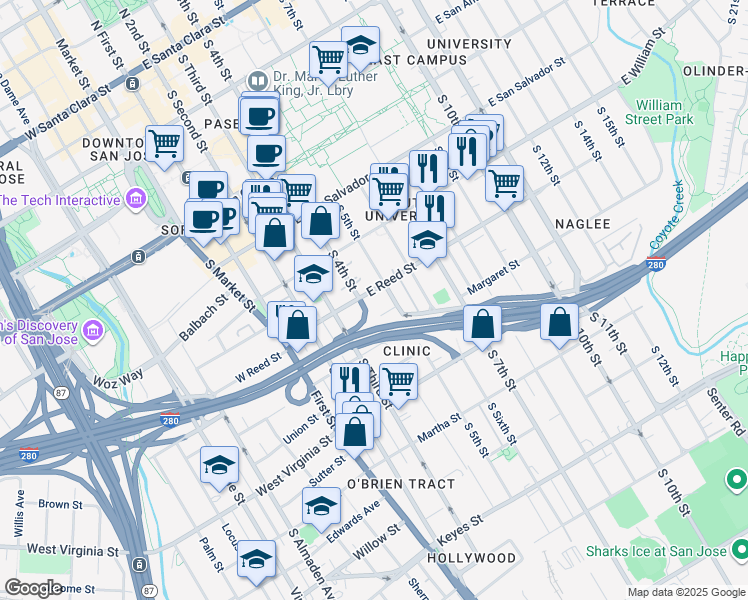 map of restaurants, bars, coffee shops, grocery stores, and more near 600 South 5th Street in San Jose