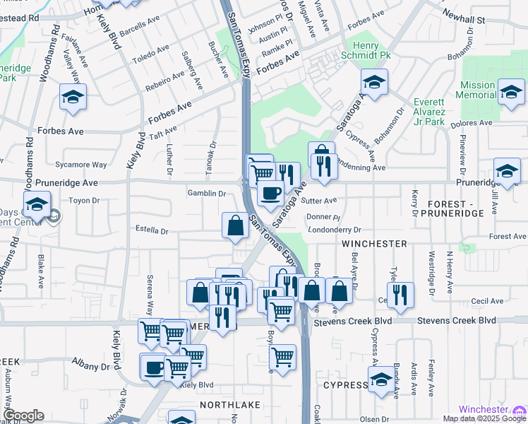 map of restaurants, bars, coffee shops, grocery stores, and more near 240 Saratoga Avenue in Santa Clara