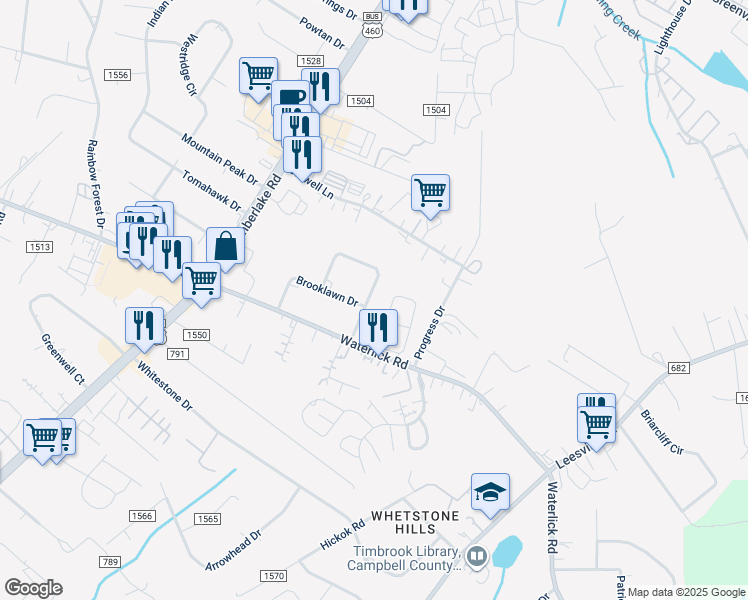 map of restaurants, bars, coffee shops, grocery stores, and more near 111 Woodlawn Circle in Lynchburg