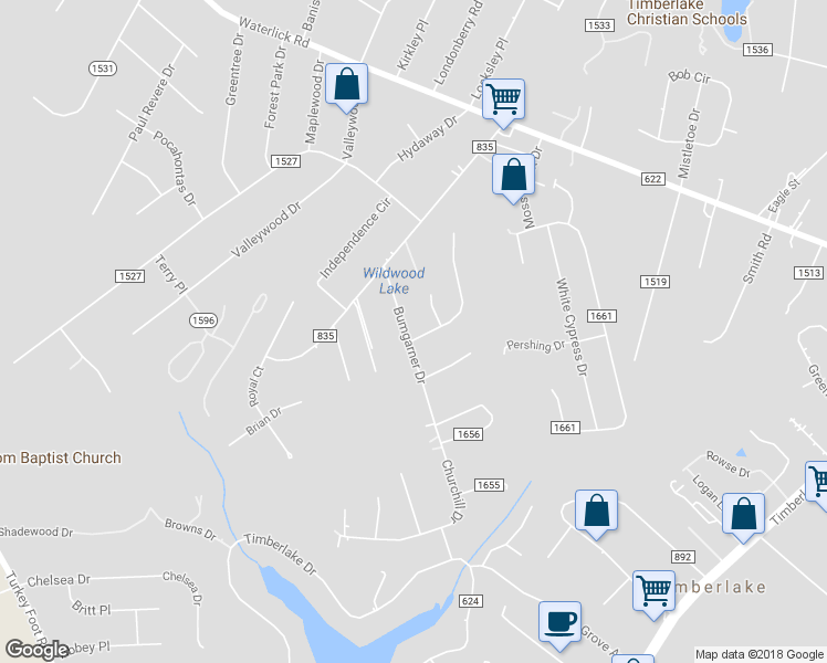map of restaurants, bars, coffee shops, grocery stores, and more near 205 Bumgarner Drive in Forest