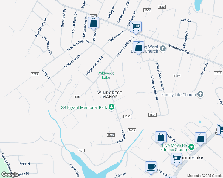 map of restaurants, bars, coffee shops, grocery stores, and more near 205 Bumgarner Drive in Forest