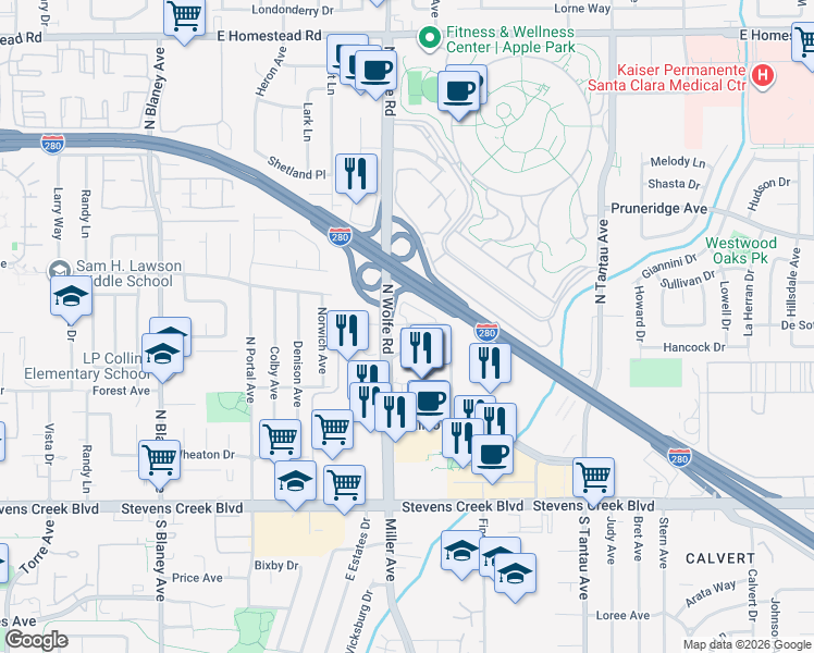 map of restaurants, bars, coffee shops, grocery stores, and more near 10380 Perimeter Road in Cupertino