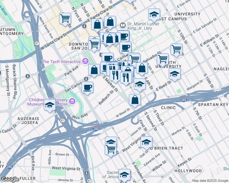map of restaurants, bars, coffee shops, grocery stores, and more near 499 South Market Street in San Jose