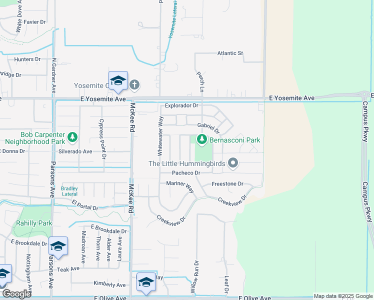 map of restaurants, bars, coffee shops, grocery stores, and more near 3747 De Soto Way in Merced