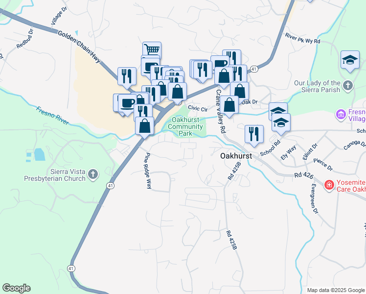 map of restaurants, bars, coffee shops, grocery stores, and more near Unnamed Road in Oakhurst