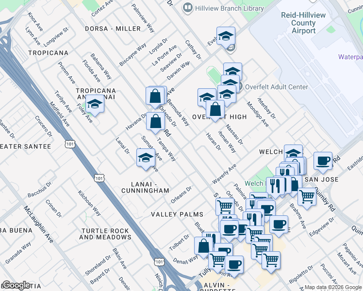 map of restaurants, bars, coffee shops, grocery stores, and more near 1979 Orlando Drive in San Jose
