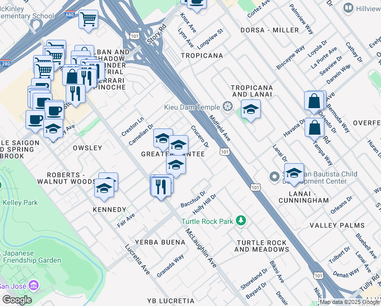 map of restaurants, bars, coffee shops, grocery stores, and more near 1385 Audubon Drive in San Jose