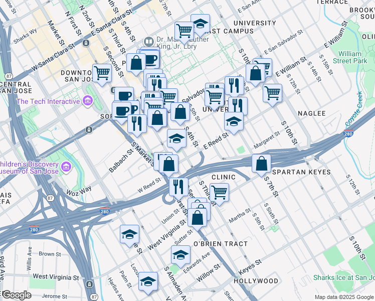 map of restaurants, bars, coffee shops, grocery stores, and more near in San Jose