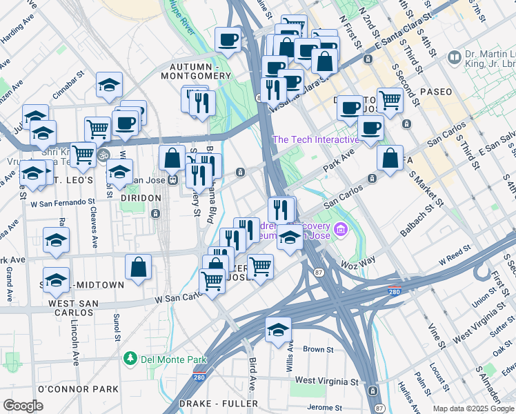 map of restaurants, bars, coffee shops, grocery stores, and more near 411 Park Avenue in San Jose