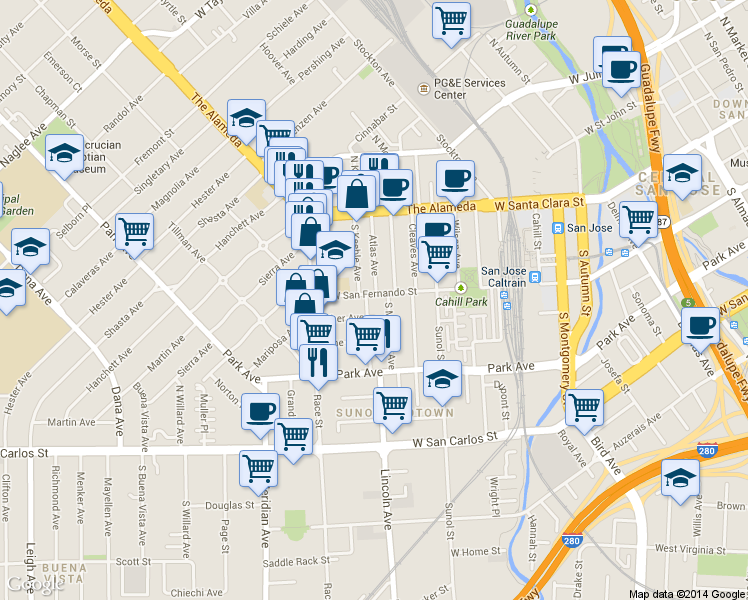map of restaurants, bars, coffee shops, grocery stores, and more near 94 South Keeble Avenue in San Jose