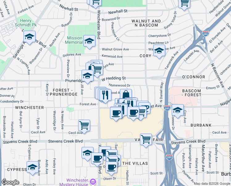 map of restaurants, bars, coffee shops, grocery stores, and more near 2457 Fernwood Avenue in San Jose