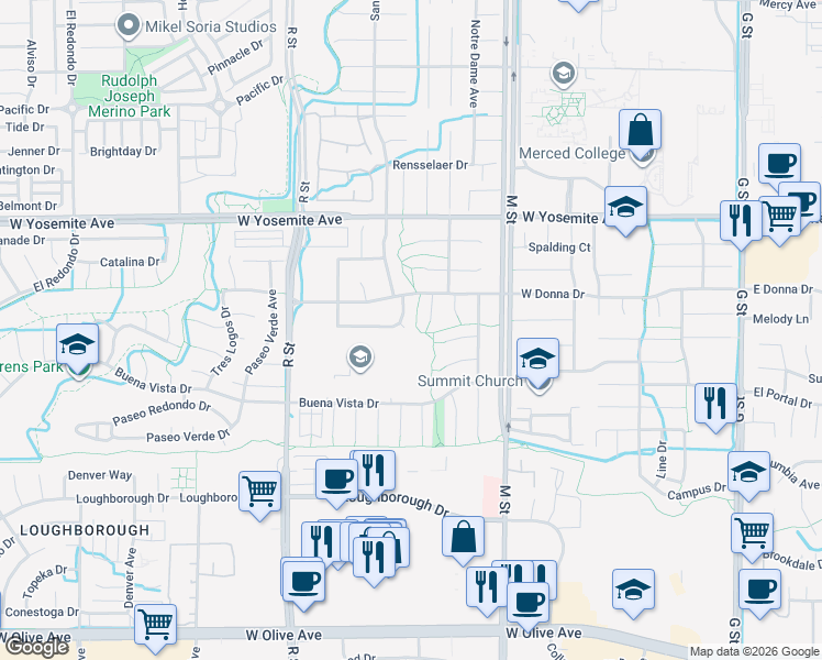 map of restaurants, bars, coffee shops, grocery stores, and more near 3437 Bautista Court in Merced