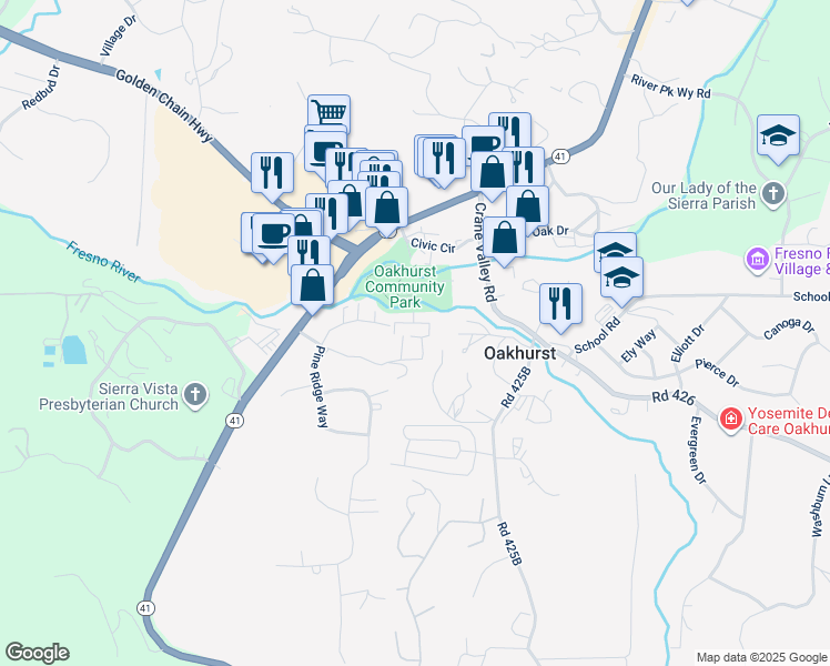 map of restaurants, bars, coffee shops, grocery stores, and more near in Oakhurst