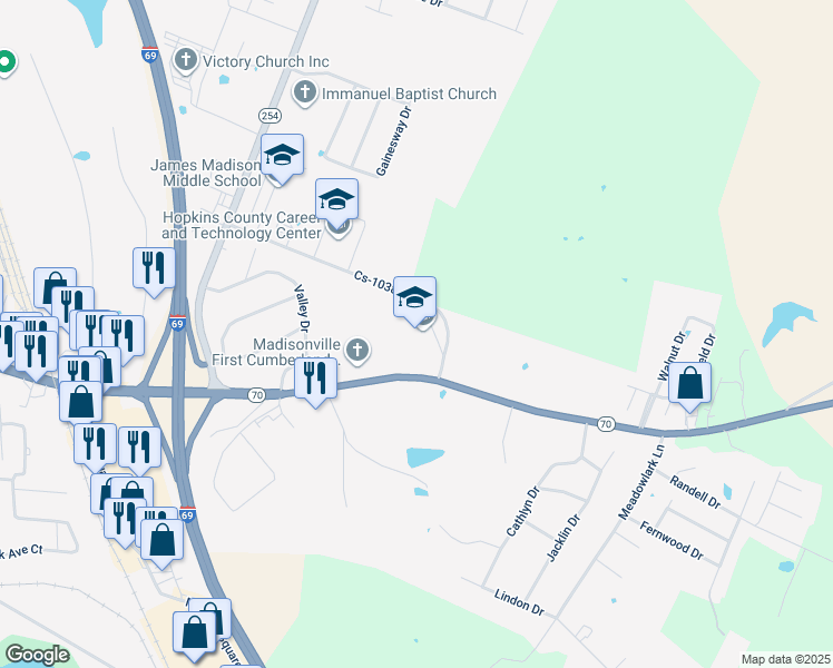 map of restaurants, bars, coffee shops, grocery stores, and more near 1710 Anton Road in Madisonville