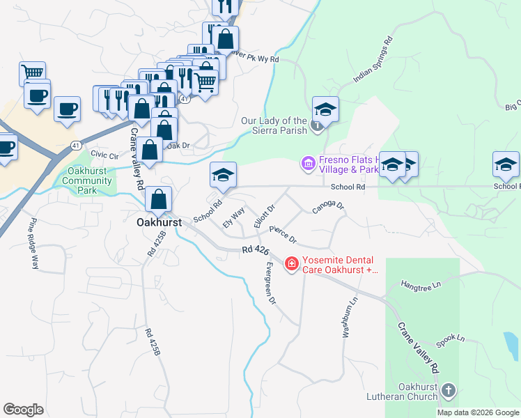map of restaurants, bars, coffee shops, grocery stores, and more near 40902 Elliott Drive in Oakhurst