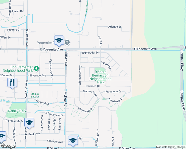 map of restaurants, bars, coffee shops, grocery stores, and more near 3747 De Soto Way in Merced