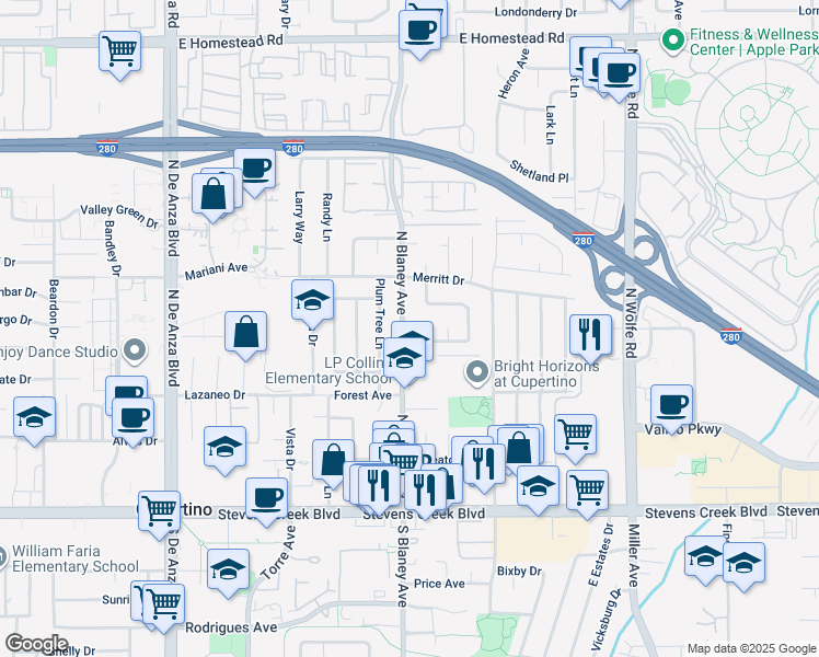 map of restaurants, bars, coffee shops, grocery stores, and more near 10390 North Blaney Avenue in Cupertino