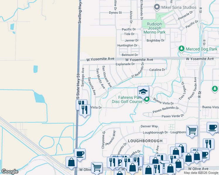 map of restaurants, bars, coffee shops, grocery stores, and more near 3545 Santa Maria Avenue in Merced