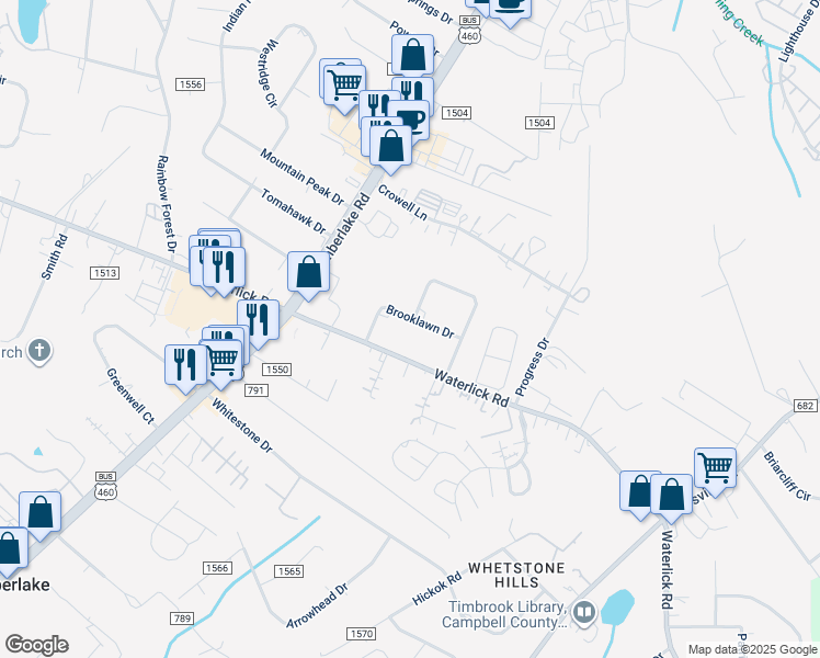 map of restaurants, bars, coffee shops, grocery stores, and more near 108 Brooklawn Drive in Lynchburg