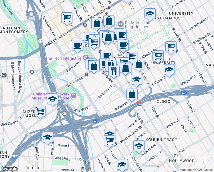 map of restaurants, bars, coffee shops, grocery stores, and more near 96 Viola Avenue in San Jose