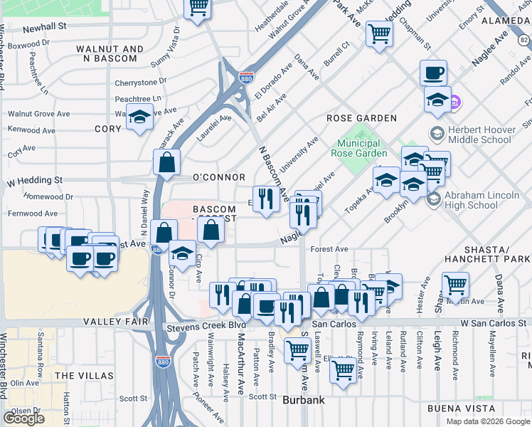 map of restaurants, bars, coffee shops, grocery stores, and more near 2014 Emory Street in San Jose