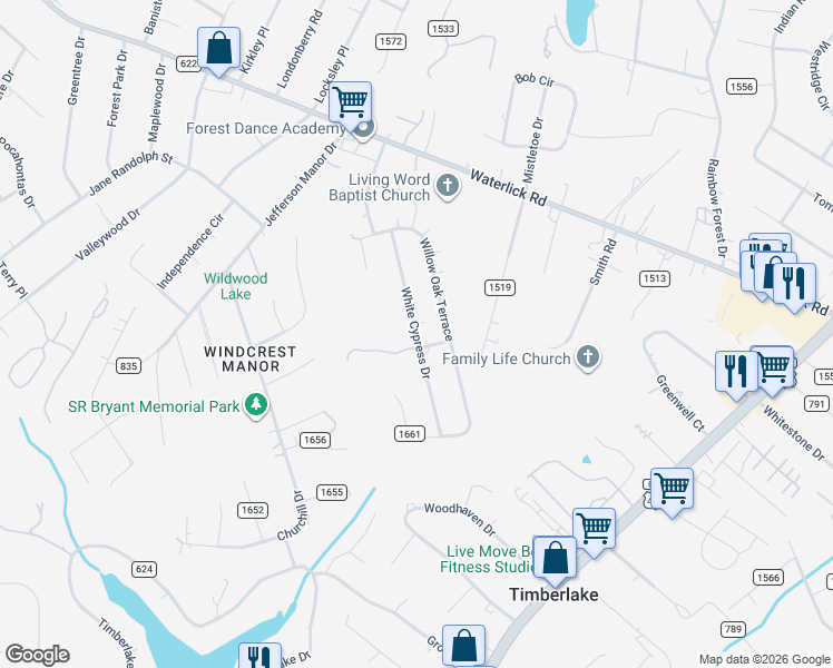 map of restaurants, bars, coffee shops, grocery stores, and more near County Road 1663 in Forest