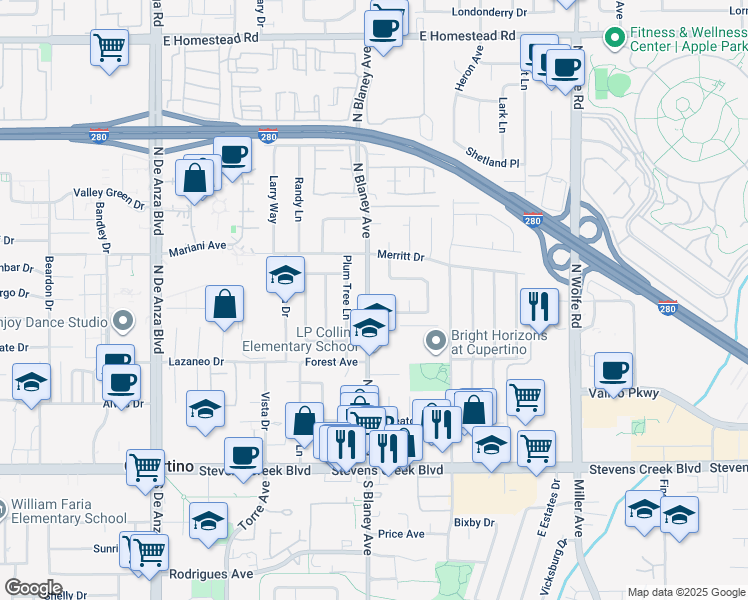 map of restaurants, bars, coffee shops, grocery stores, and more near 10390 North Blaney Avenue in Cupertino